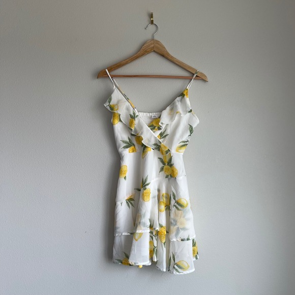 Japra Lemon Print Wrap‎ Ruffle Mini Dress Size Medium - Picture 1 of 10
